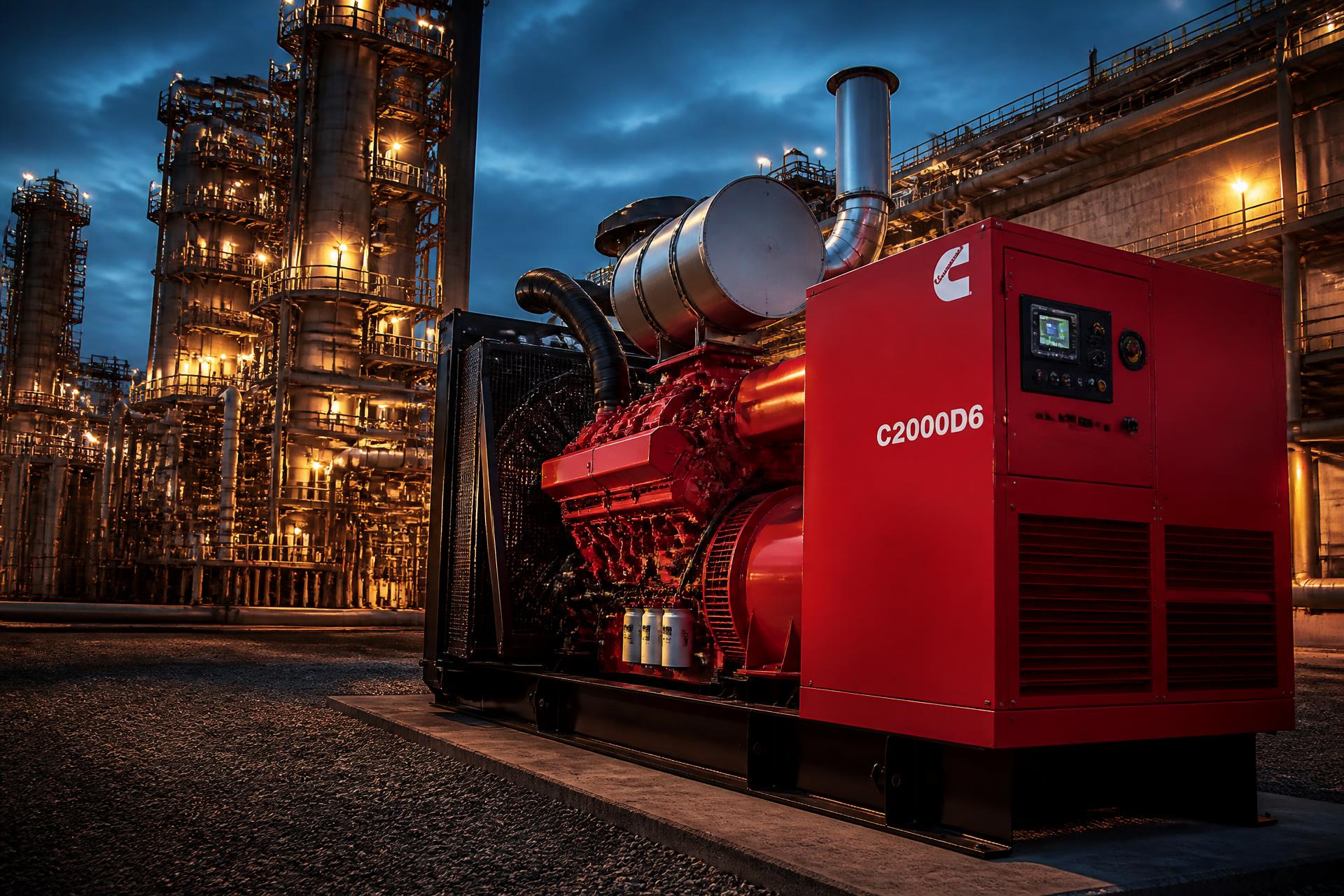 Industrial generator powering an African industrial facility at dusk
